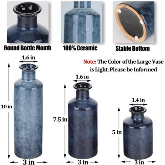 Blue Ceramic Vase Set of 3 Small Modern Farmhouse Decor Table Centerpiece - Picture 2 of 8